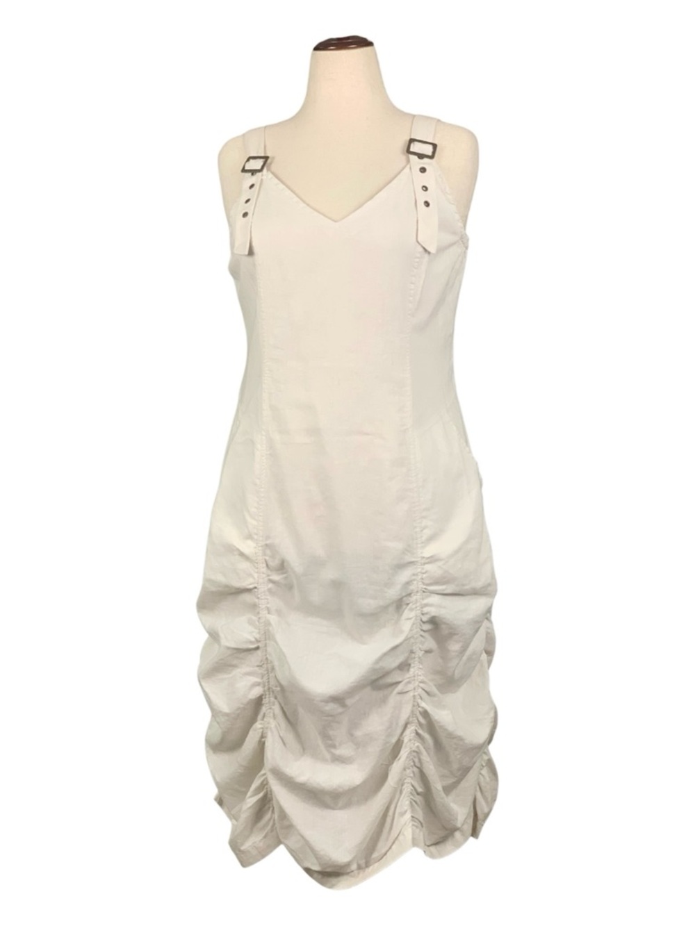 NWT Wearables Ivory Midi Dress Sleeveless Ruched Skirt Linen Cotton Blend Large